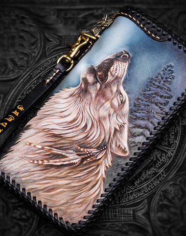 Handmade Leather Tooled Wolf Chain Wallet Mens Biker Wallet Cool Leather Wallet Long Phone Wallets for Men