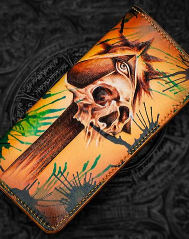 Handmade Leather Men Tooled Skull Cool Leather Wallet Long Phone Wallets for Men