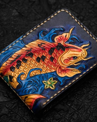 Handmade Leather License Wallet Tooled Carp Mens billfold Wallet Cool Leather Wallet Slim Wallet for Men