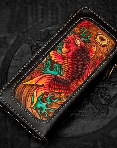 Handmade Leather Tooled Carp Chain Wallet Mens Biker Wallet Cool Leather Wallet Long Phone Wallets for Men