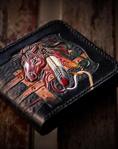 Handmade Leather Fine Horse Tooled Mens billfold Wallet Cool Leather Wallet Slim Wallet for Men