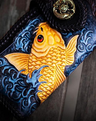 Handmade Leather Carp Tooled Long Mens Chain Biker Wallets Cool Leather Wallet With Chain Wallets for Men