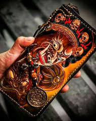 Handmade Leather Mahākāla Mens Tooled Chain Biker Wallet Cool Long Leather Wallet With Chain Wallets for Men