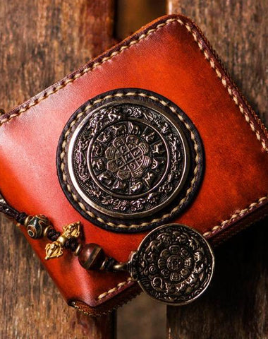 Handmade Leather Small Tibetan Tooled Mens billfold Wallets Cool Chain Wallet Biker Wallet for Men