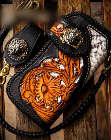 Handmade Leather Tooled Floral Mens Long Chain Biker Wallet Cool Leather Wallet With Chain Wallets for Men