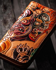 Handmade Leather Tooled Mahākāla Mens Zipper Long Wallet Cool Leather Wristlet Wallet for Men