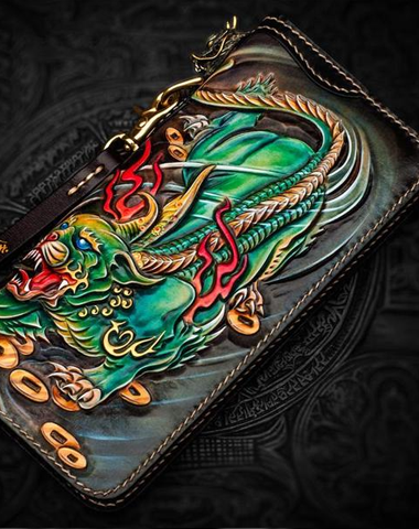 Handmade Leather Chinese Monster Mens Long Chain Biker Wallet Tooled Leather Wallet With Chain Wallets for Men