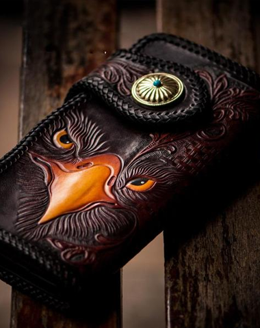 Handmade Leather Eagle Tooled Mens Chain Biker Wallet Cool Leather Wallet With Chain Wallets for Men