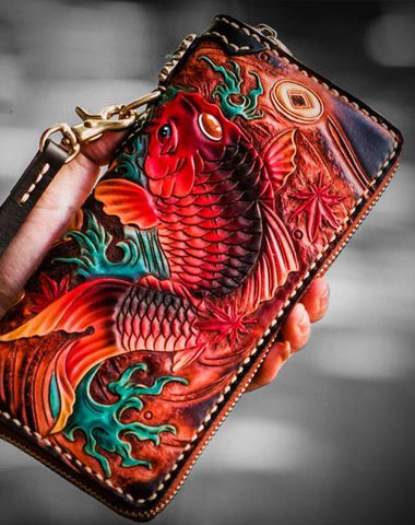 Leather Tooled Carp Mens Chain Wallets Biker Wallets Cool Leather Wallet Long Wallets for Men