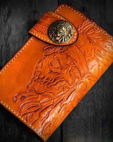 Handmade Leather Tooled Skull Indian Chief Biker Wallets Mens Cool billfold Chain Wallet Trucker Wallet with Chain