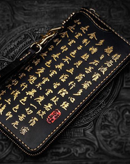 Handmade Leather Mens Chinese Handwriting Biker Chain Wallet Cool Leather Wallets Long Wallets for Men