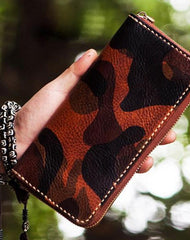 Handmade Leather Men Camouflage Cool Leather Wallet Long Phone Clutch Wallets for Men