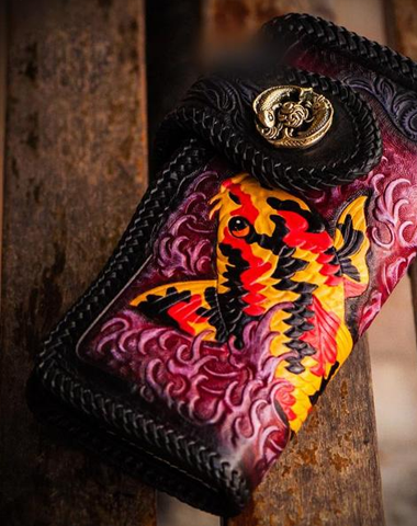 Cool Handmade Leather Tooled Carp Mens Biker Chain Wallet Long Leather Biker Wallet With Chain Wallets for Men