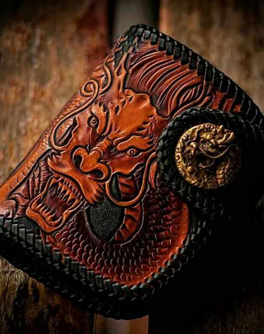 Handmade Leather Tooled Chinese Dragon Biker Wallet Mens Cool billfold Chain Wallet Trucker Wallet with Chain