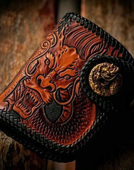 Handmade Leather Tooled Chinese Dragon Biker Wallet Mens Cool billfold Chain Wallet Trucker Wallet with Chain