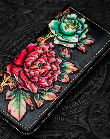 Handmade Leather Tooled Black Peony Cool Leather Wallet Zipper Long Phone Clutch Wallets for Women