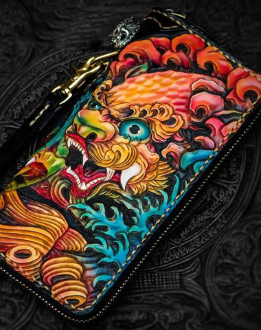 Handmade Leather Tooled Chinese Lion Black Mens Chain Biker Wallet Cool Leather Wallet Long Clutch Wallets for Men