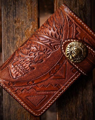 Handmade Leather Skull Indian Chief Tooled Mens billfold Wallet Cool Chain Wallet Biker Wallet for Men