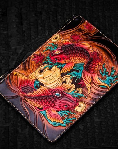 Handmade Leather Carp Tooled Wristlet Bag iPad Bag Mens Cool Leather Wallet Long Clutch for Men