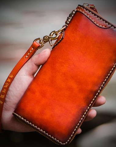 Handmade Leather Mens Chain Biker Wallets Cool Leather Wallet Long Clutch Wallet for Men