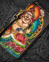 Handmade Leather Tooled Yellow Jambhala Mens Chain Biker Wallets Cool Leather Wallet Zipper Long Wallets for Men