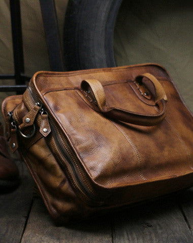 Cool leather mens large travel bag Vintage Briefcase Shoulder bag for Men - EverHandmade