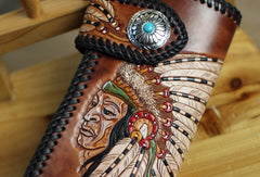 Handmade Tooled chain wallet biker wallet brown leather Indian chief carved biker wallet bifold Long wallet for men