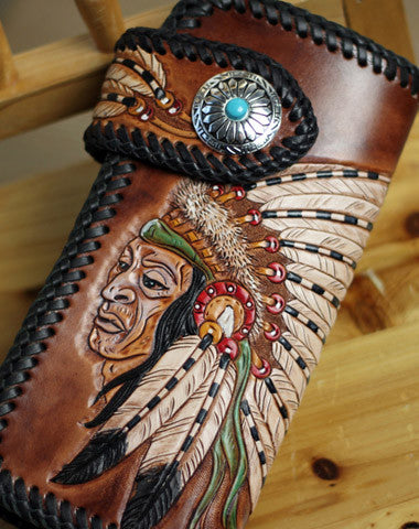 Handmade Tooled chain wallet biker wallet brown leather Indian chief carved biker wallet bifold Long wallet for men