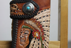 Handmade Tooled chain wallet biker wallet brown leather Indian chief carved biker wallet bifold Long wallet for men