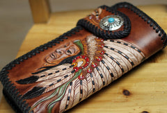 Handmade Tooled chain wallet biker wallet brown leather Indian chief carved biker wallet bifold Long wallet for men