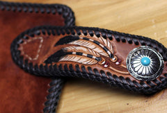 Handmade Tooled chain wallet biker wallet brown leather Indian chief carved biker wallet bifold Long wallet for men