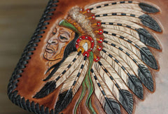 Handmade Tooled chain wallet biker wallet brown leather Indian chief carved biker wallet bifold Long wallet for men