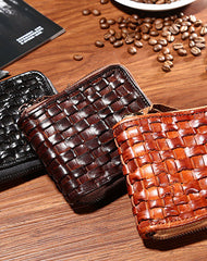 Handmade billfold leather wallet men zip braided leather billfold wallet for men him
