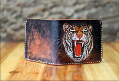 Handmade billfold leather wallet men tiger carved leather billfold wallet for men him