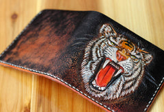 Handmade billfold leather wallet men tiger carved leather billfold wallet for men him