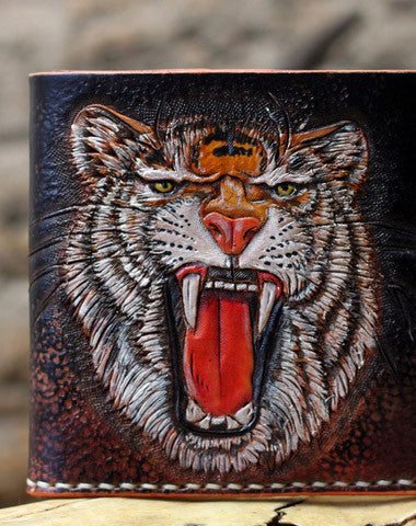 Handmade billfold leather wallet men tiger carved leather billfold wallet for men him - EverHandmade