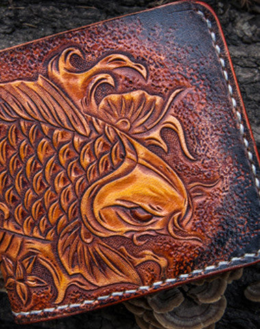 Handmade mens leather Tooled Small wallet carp lotus billfold wallet for men - EverHandmade