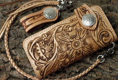 Handmade biker wallet leather floral tooled biker wallet chian wallet bifold Long wallets for men
