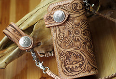 leather biker wallet Handmade biker wallet floral tooled hand tooled leather wallet chian wallet