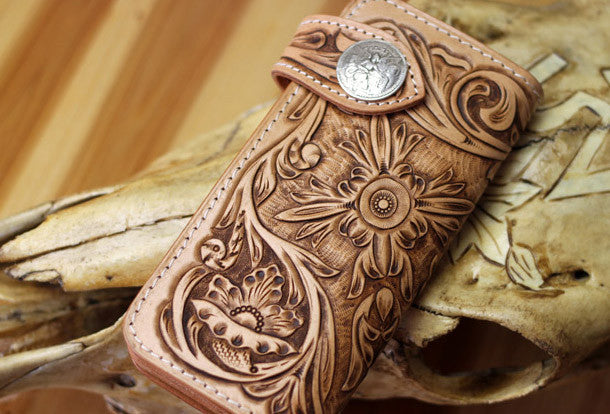 Handmade Leather Tooled Floral Mens Chain Biker Wallet Cool