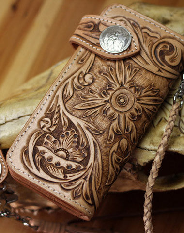 Handmade biker wallet leather floral tooled biker wallet chian wallet bifold Long wallets for men