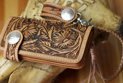 Handmade biker wallet leather floral carved biker wallet chain bifold Long wallet purse clutch for men