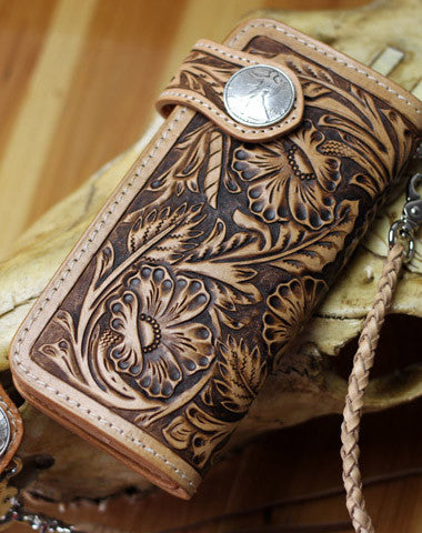 Handmade biker wallet leather floral carved biker wallet chain bifold Long wallet purse clutch for men