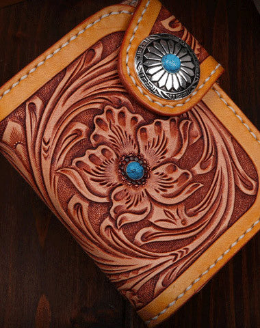 Handmade billfold leather biker trucker japanese general wallet leather chain men Black Carved Tooled wallet - EverHandmade