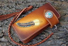 Handmade biker wallet leather vintage feather biker wallet chain Long wallet clutch purse for men