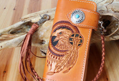Handmade biker wallet leather eagle carved brown biker wallet chain Long wallet clutch for men
