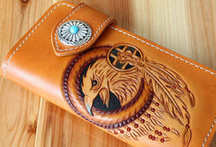 Handmade biker wallet leather eagle carved brown biker wallet chain Long wallet clutch for men