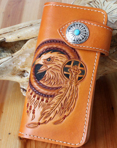 Handmade biker wallet leather eagle carved brown biker wallet chain Long wallet clutch for men - EverHandmade