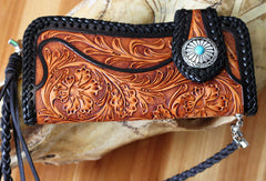 Handmade biker wallet vintage floral men biker wallet leather Long wallet purse clutch for men