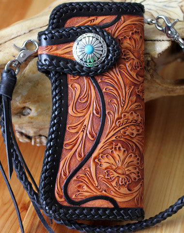 Handmade biker chain wallet tooled floral biker wallet leather Long wallet for men